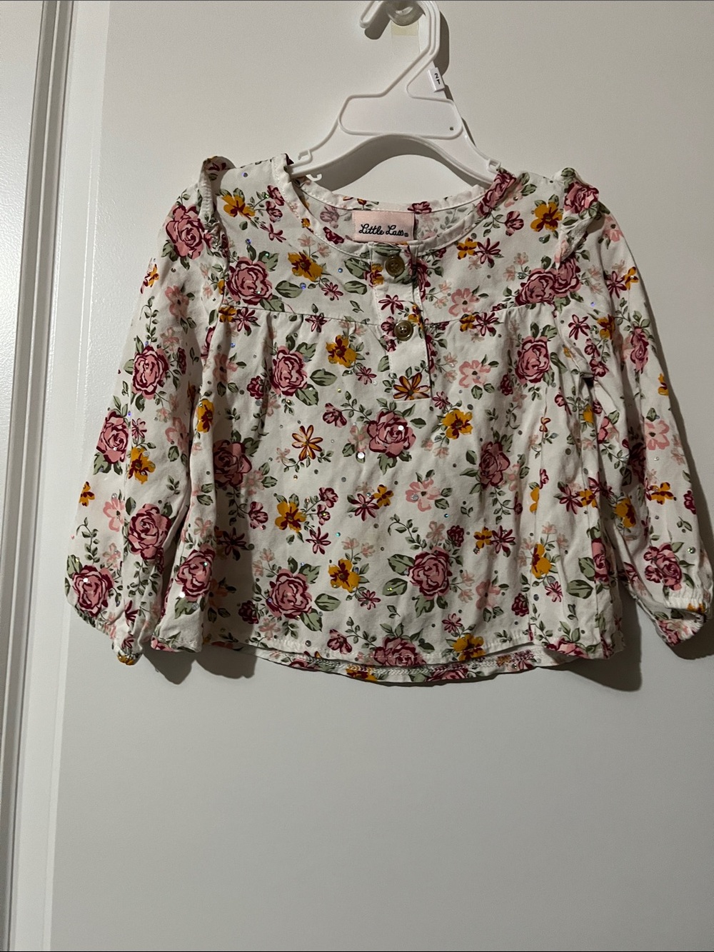 Little Lass White Floral Long-Sleeve Blouse with Pink & Yellow Flowers